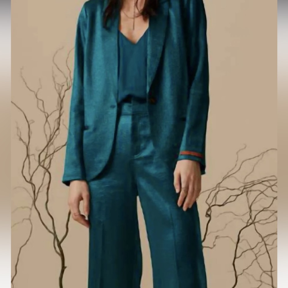 Scotch & Soda Teal Suit, Satin Blazer, Wide Leg Trousers, Size Extra Small